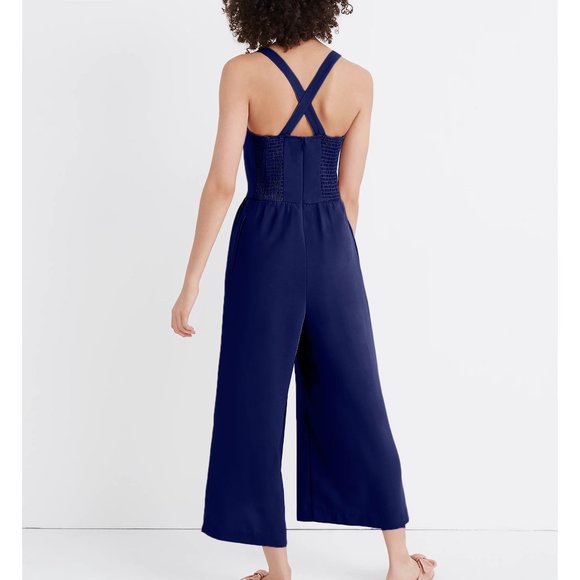 Madewell Smocked Button-Front Crop Jumpsuit Navy - size xs 0 - Picture 2 of 2
